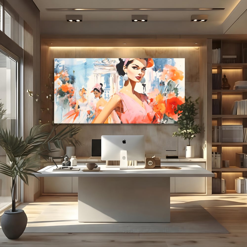 Tablou canvas cu tablou canvas cu femei la moda retro, fara rama, pe sasiu de lemn, pe perete intr-un birou